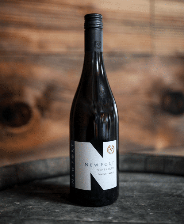 A bottle of Newport Vineyards Landot Noir wine.