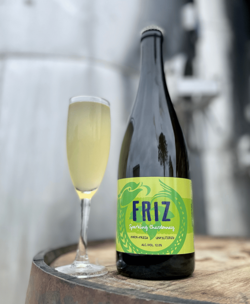 A bottle of Friz Sparkling Chardonnay from Newport Vineyards.