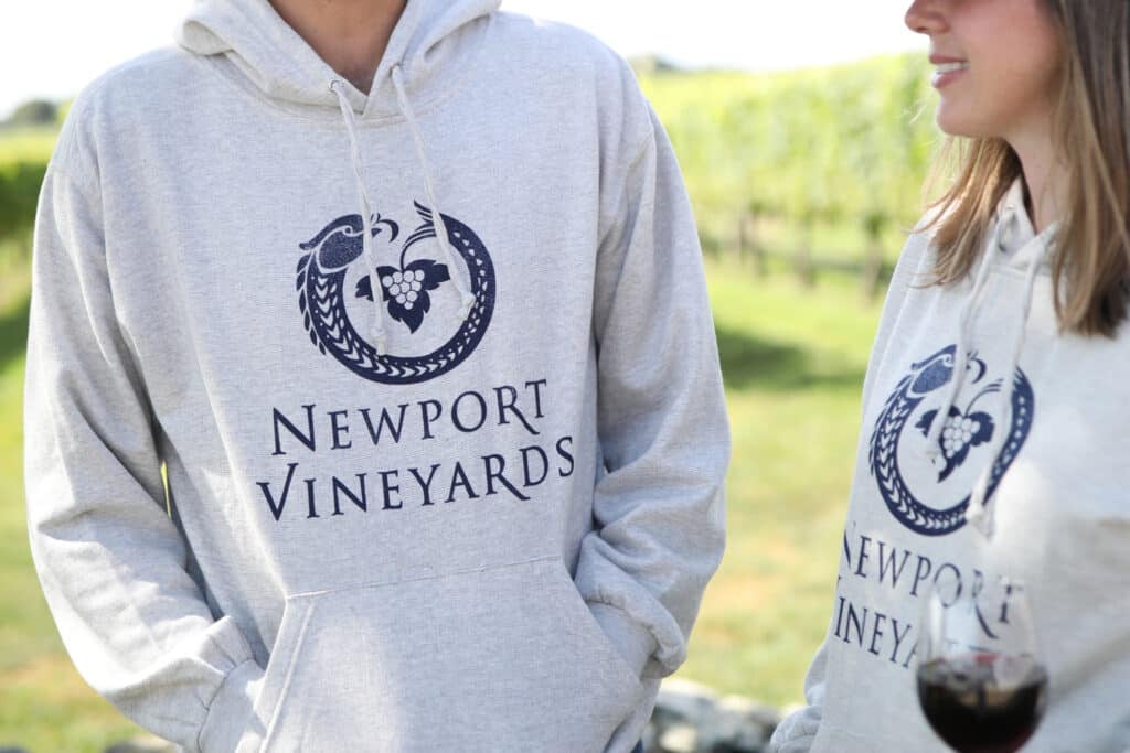 Newport Vineyards logo branded hooded sweatshirt